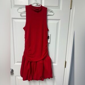Sleeveless Red High-Neck Ruched Mini Dress